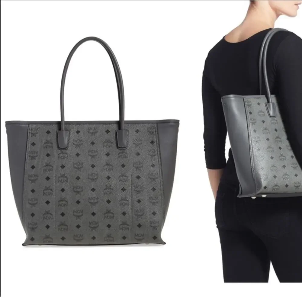 MCM Monogram Visetos Top Zip Shopper Tote Grey - Picture 16 of 16